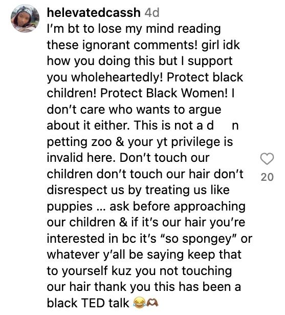 Instagram-Nutzer kommentiert eine weiße Frau, die die Haare eines Kleinkindes berührt