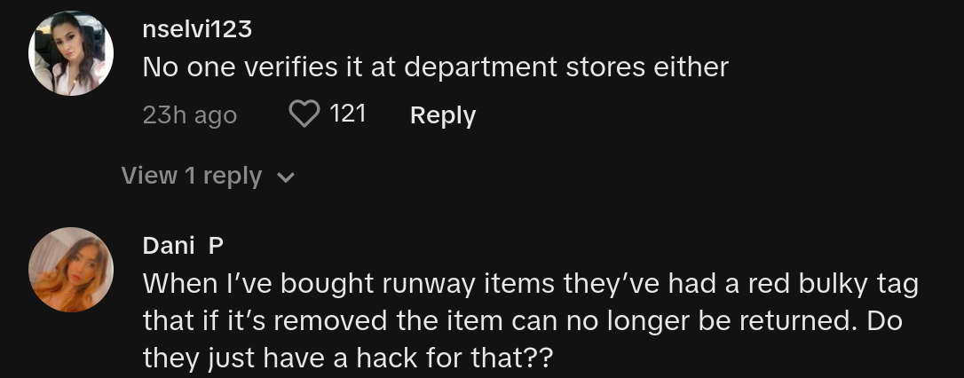 Comentários sobre o vídeo agora viral de uma mulher que afirma que os clientes de TJ Maxx e Marshalls compram itens de luxo e devolvem falsificações.