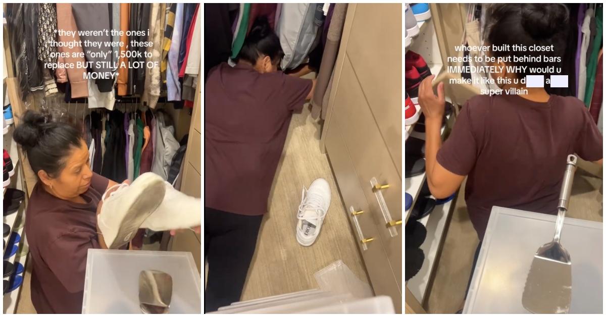 Huschef vid namn eva hämtar borttappade skor bakom hyllor i TikTokers video om chefens pojkväns skor som faller bakom garderoben