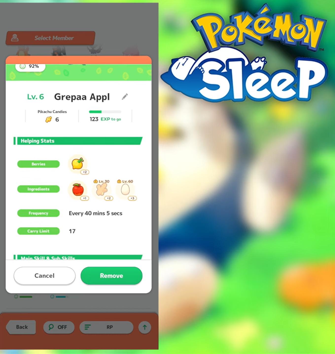 Un menu in Pokémon Sleep che mostra gli oggetti che verranno raccolti da un Pokémon aiutante.