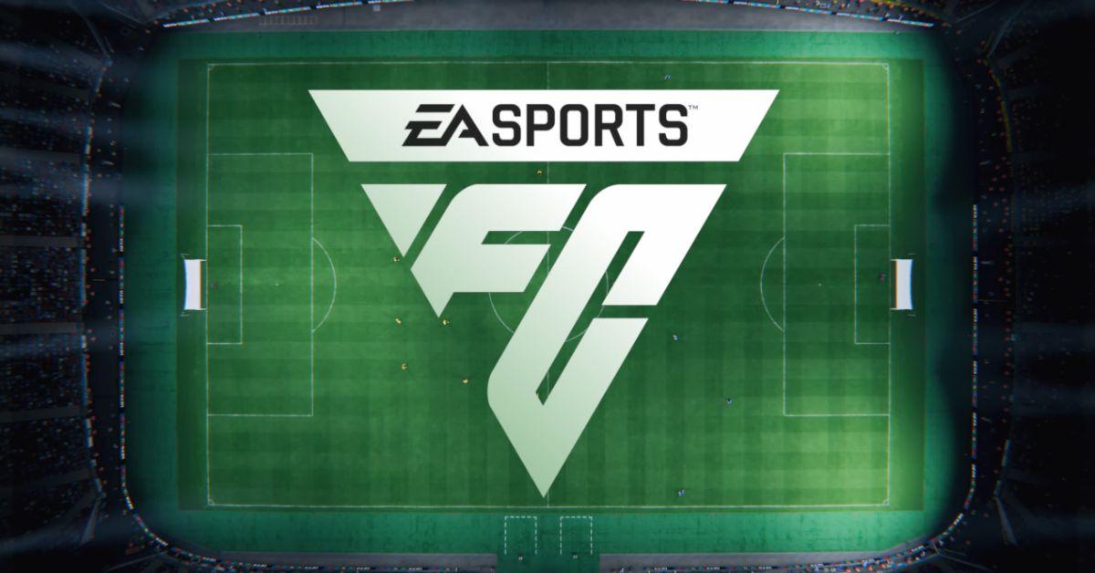 O logotipo do EA Sports FC 24 acima de um campo de futebol.