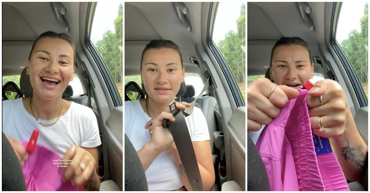 Une femme donne un tutoriel sur la façon de supprimer le capteur de sécurité cible à l'aide d'une ceinture de sécurité.