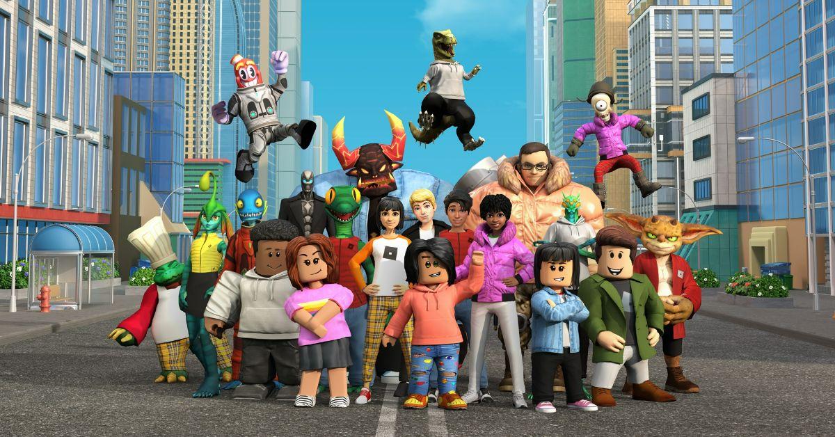 Roblox-karakterer, der står i en gade omgivet af skyskrabere.