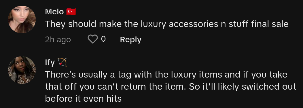 Commentaires sur la vidéo désormais virale d'une femme qui affirme que les clients de TJ Maxx et Marshalls achètent des articles de luxe et renvoient des contrefaçons.