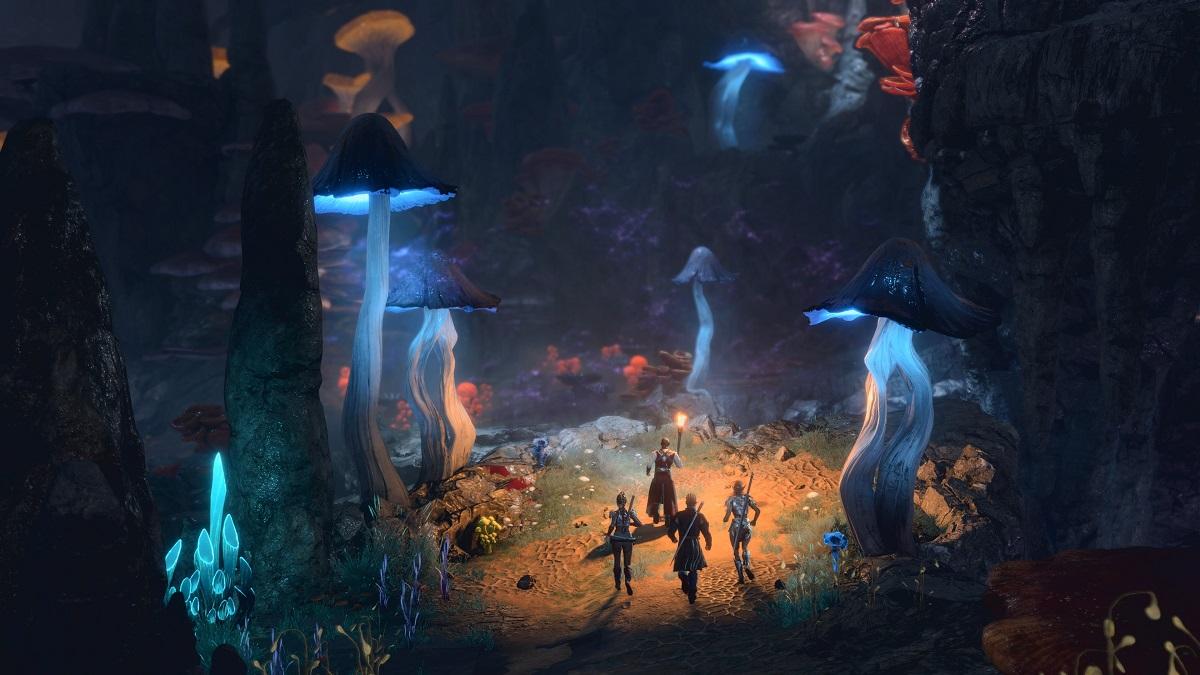 'Baldur's Gate 3' Gruppo di personaggi che esplorano un'area sotterranea con una fauna luminosa.