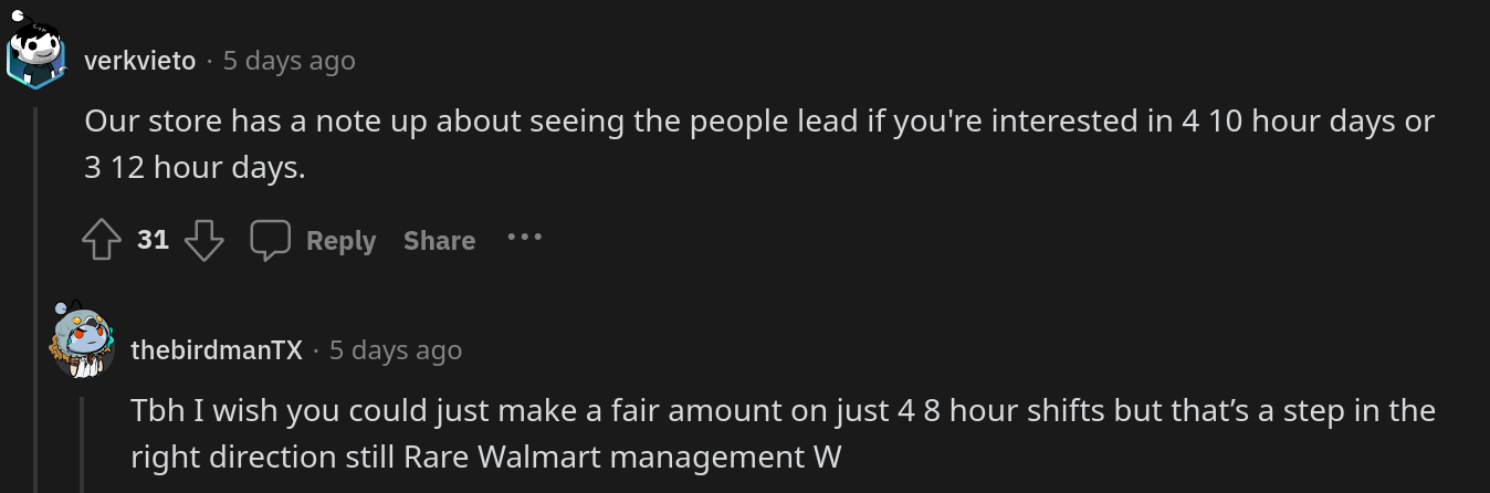 Walmart 관리자가 직원이 예정된 근무 시간보다 오래 일한다고 비난하는 내용의 입소문 게시물에 대한 댓글입니다.