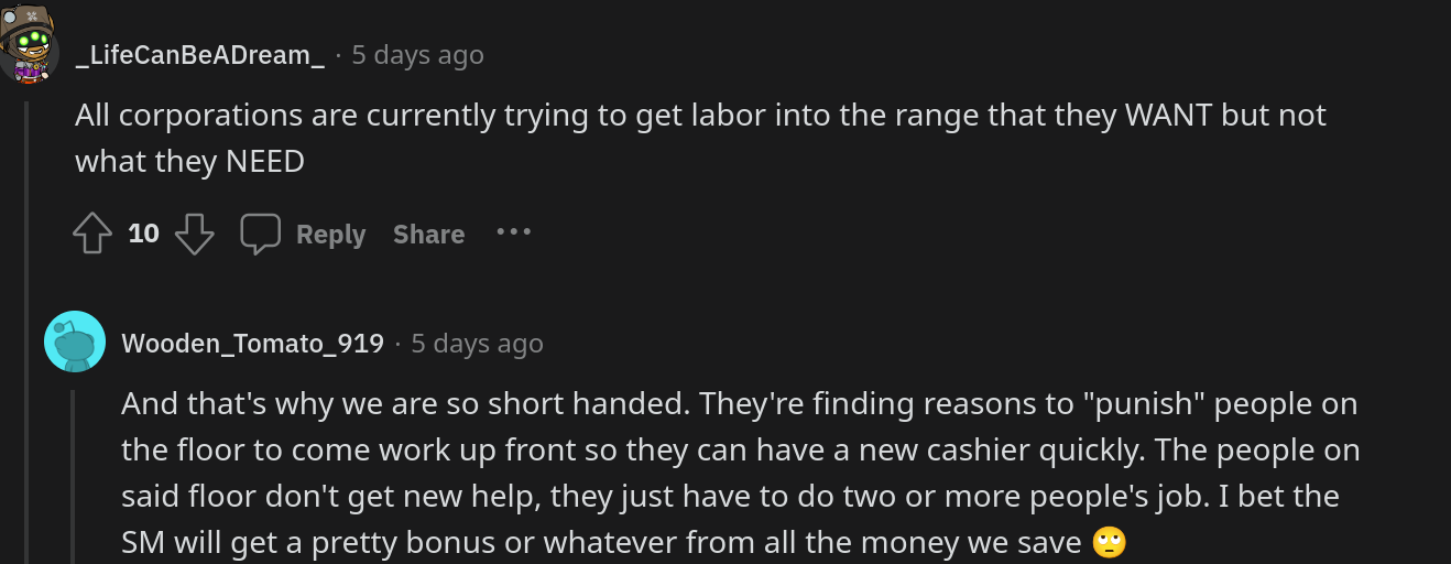 Kommentare zu einem viralen Beitrag über Walmart-Manager, der Mitarbeiter dafür kritisiert, dass sie länger arbeiten als ihre geplante Schicht.