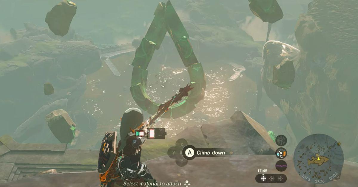 Link puntando una freccia attraverso la lacrima dell'isola delle scaglie galleggianti per rivelare la posizione di un ponte acquatico.
