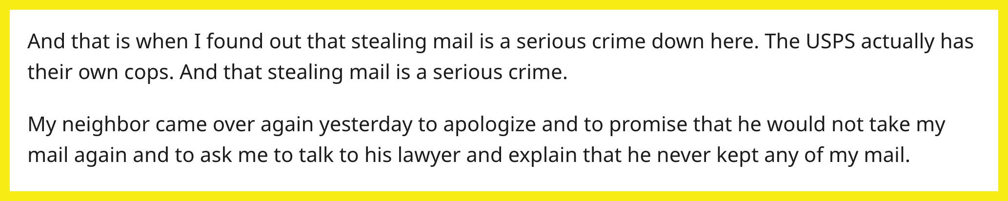 Reddit 用户 u/Neither_Half4776 透露，他们向美国邮政局举报了邻居窃取邮件。