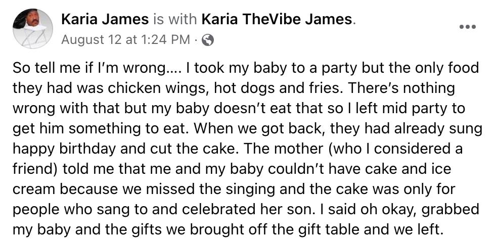 一位女士讲述了她和儿子在生日聚会上如何被拒绝提供冰淇淋和蛋糕的故事。