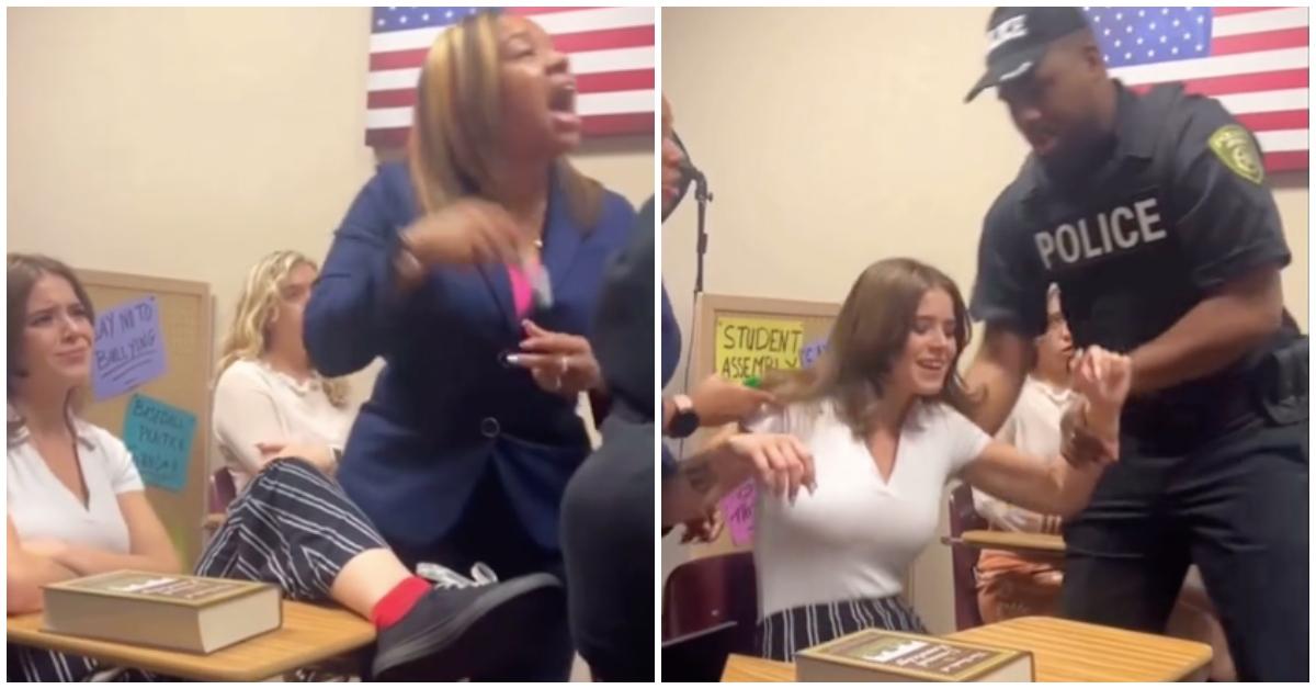 一名向老师扔鞋子的学生被老师带出了教室。