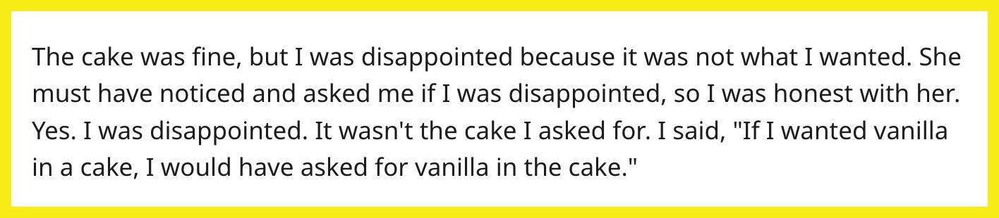 Reddit 用户 u/Throwaway5829582999 在他的女朋友在他的巧克力生日蛋糕上添加香草糖衣后感到失望。