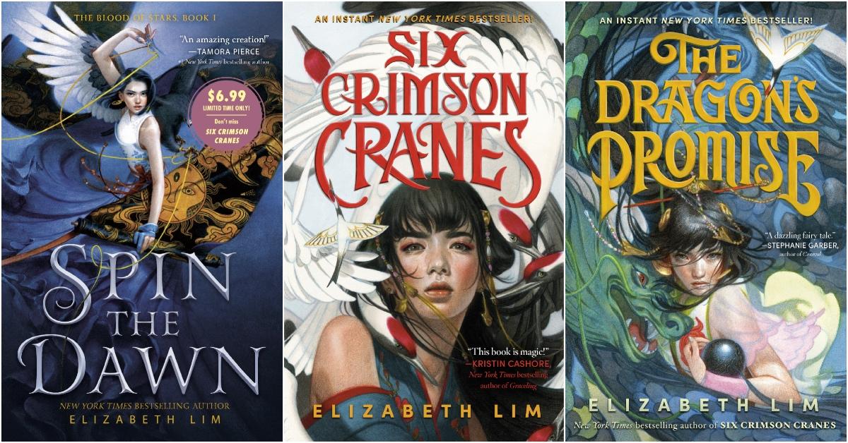 LR: Elizabeth Lims værker, 'Spin the Dawn', 'Six Crimson Cranes', 'The Dragon's Promise'