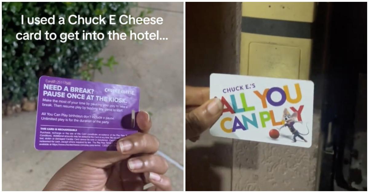 一位女士展示了她如何使用 Chuck E. Cheese 卡进入酒店入口。