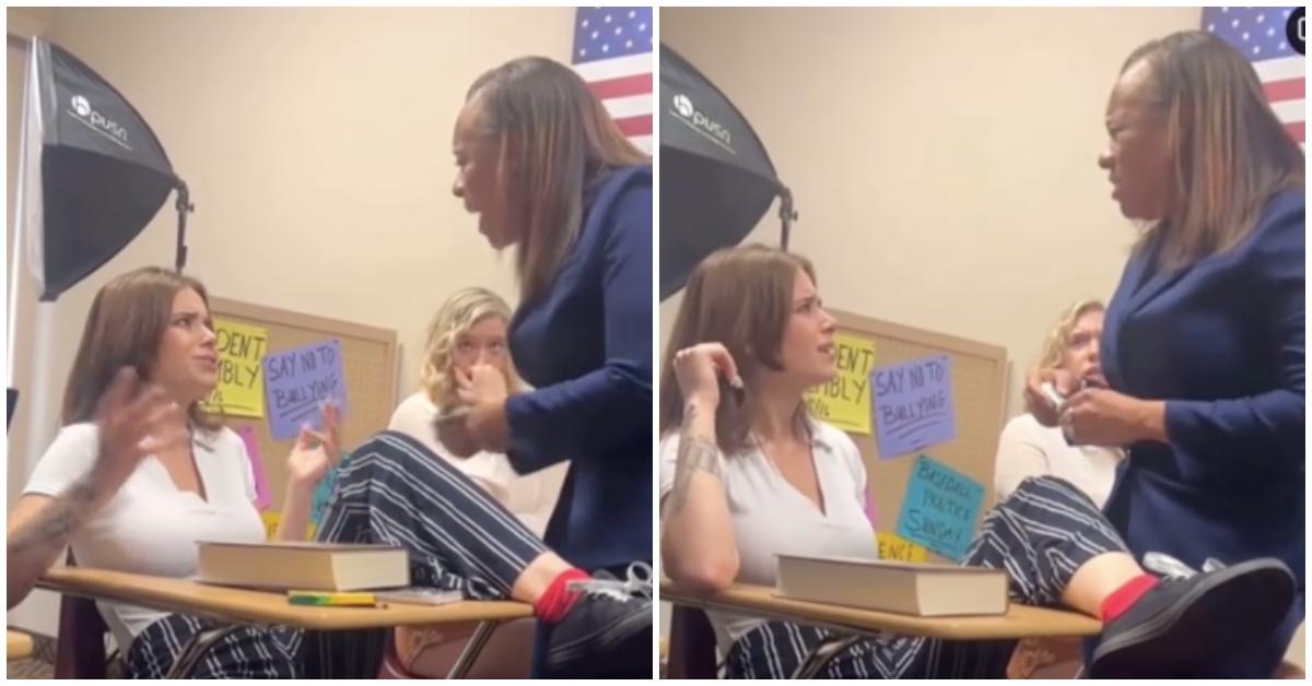 老师在课堂上与向她扔鞋子的学生发生争执。