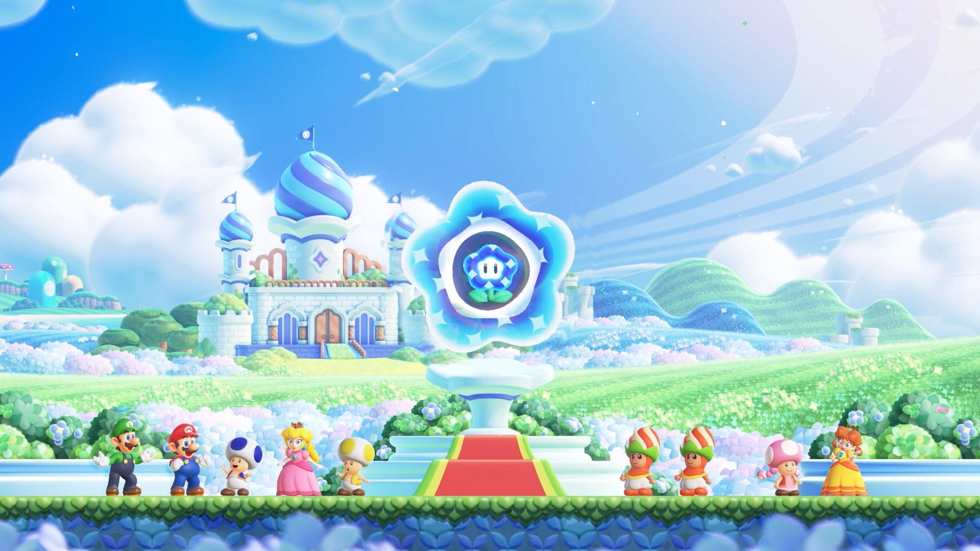 Mario och vänner observerar Wonder Flower i Flower Kingdom i 