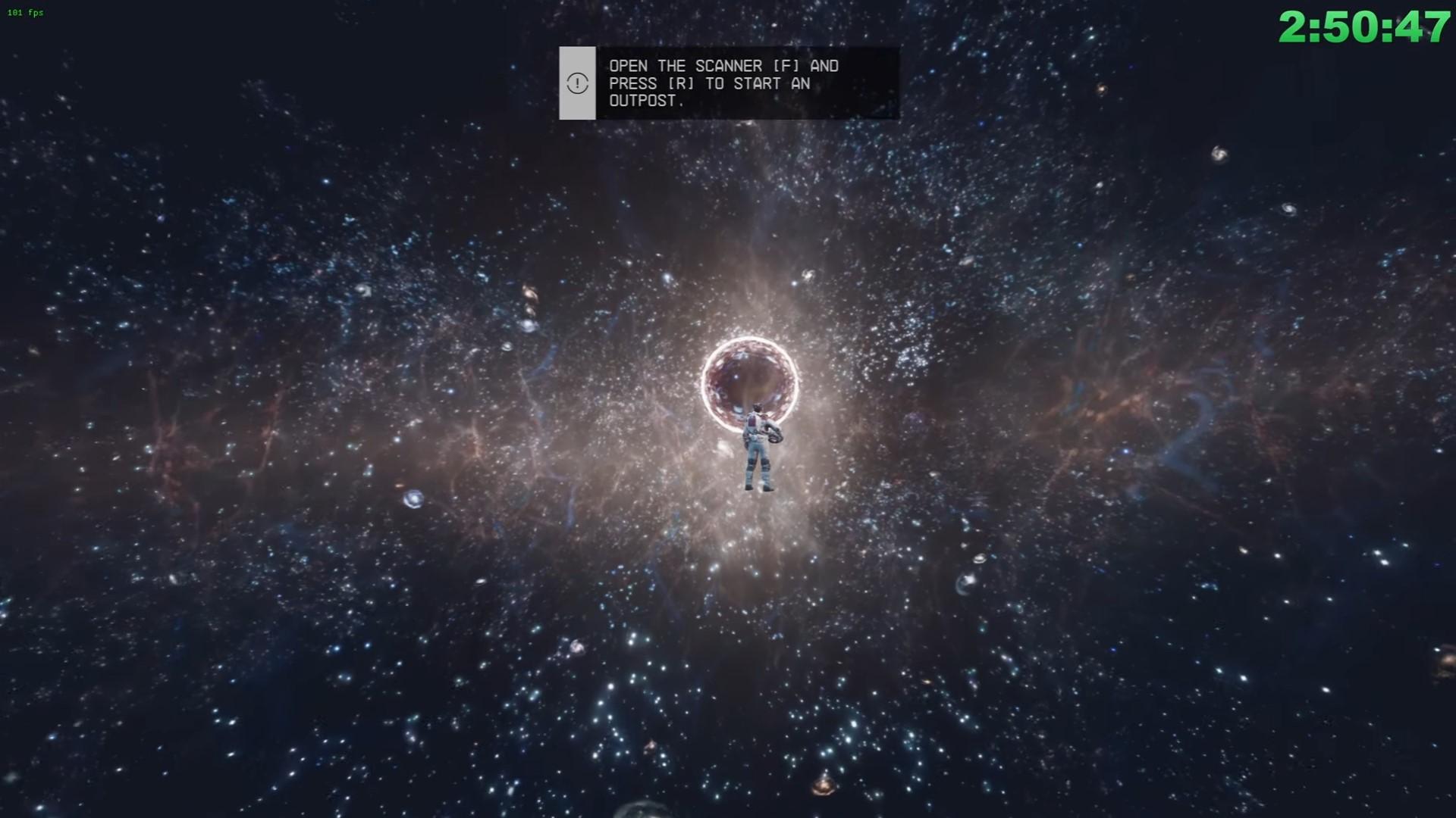 「スターフィールド」 ブラックホールの隣に立っている宇宙飛行士の遠景。