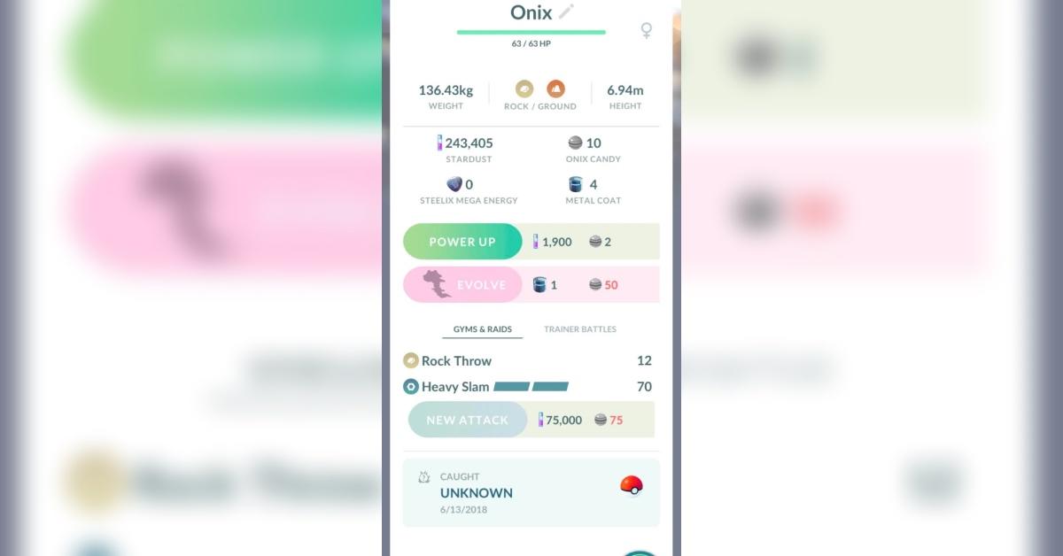 Ein Onix mit unbekanntem Fangort in „Pokémon GO“