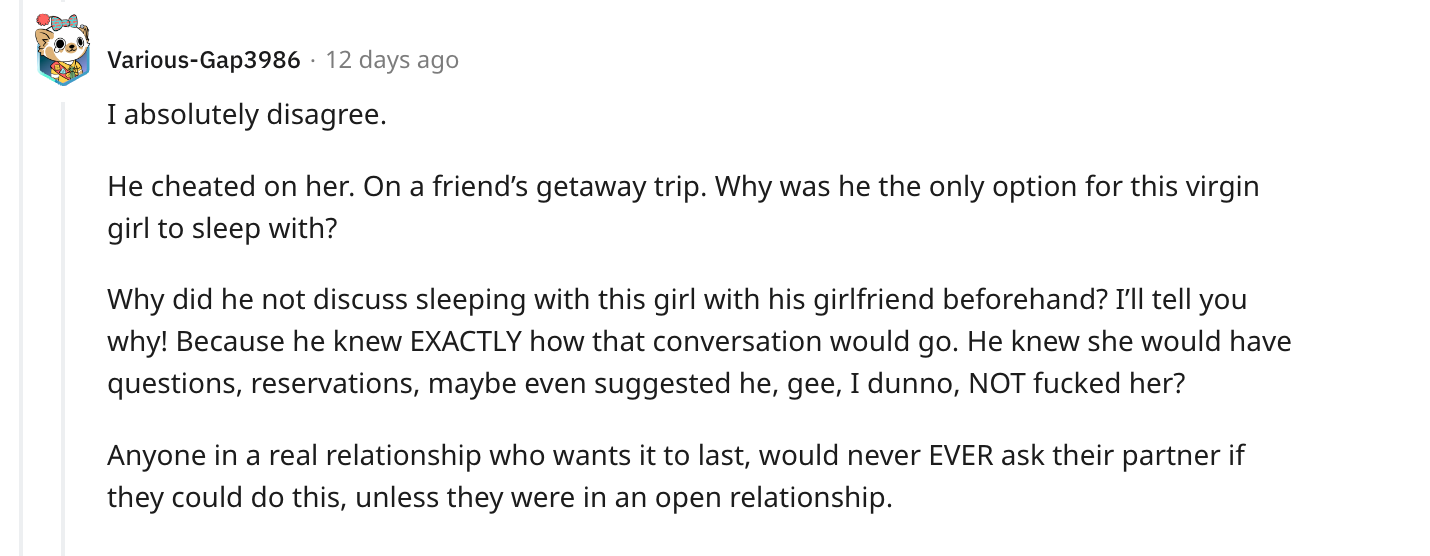 Un commentateur sur le post Reddit d'OP sur la tricherie entre son petit ami et son ami en phase terminale