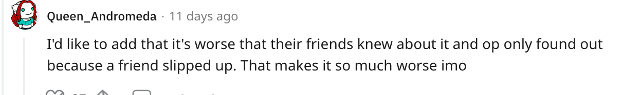 Un commentateur sur le post Reddit d'OP sur la tricherie entre son petit ami et son ami en phase terminale