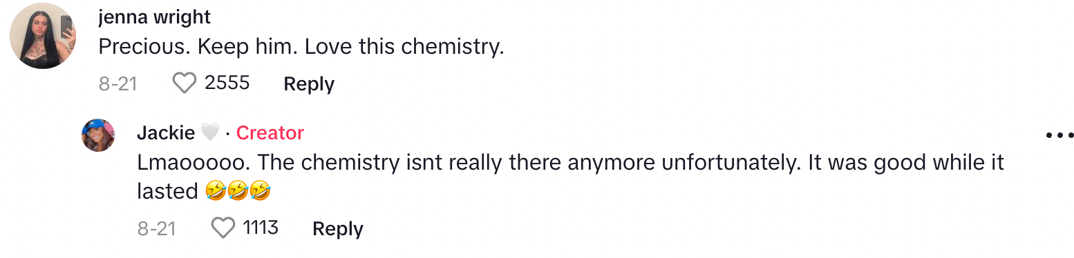 Un commentatore dice che Jackie e il ragazzo hanno una buona chimica