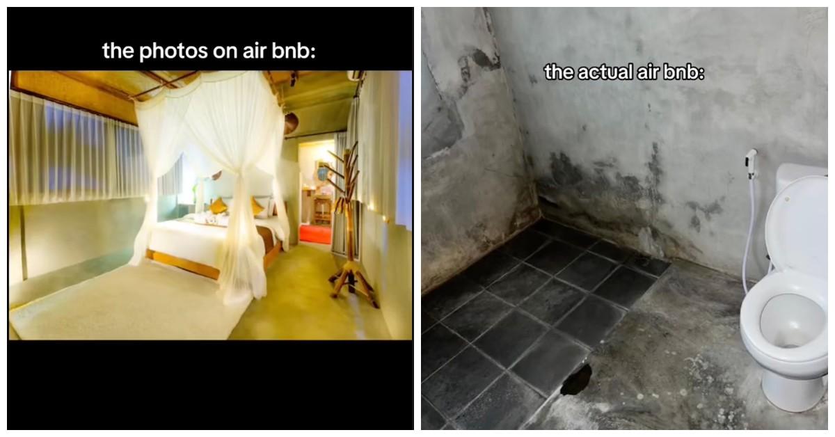 Ein wunderschönes Airbnb-Zimmer mit einem großen Bett im Vergleich zu einem Zimmer, das wie eine Gefängniszelle aussieht