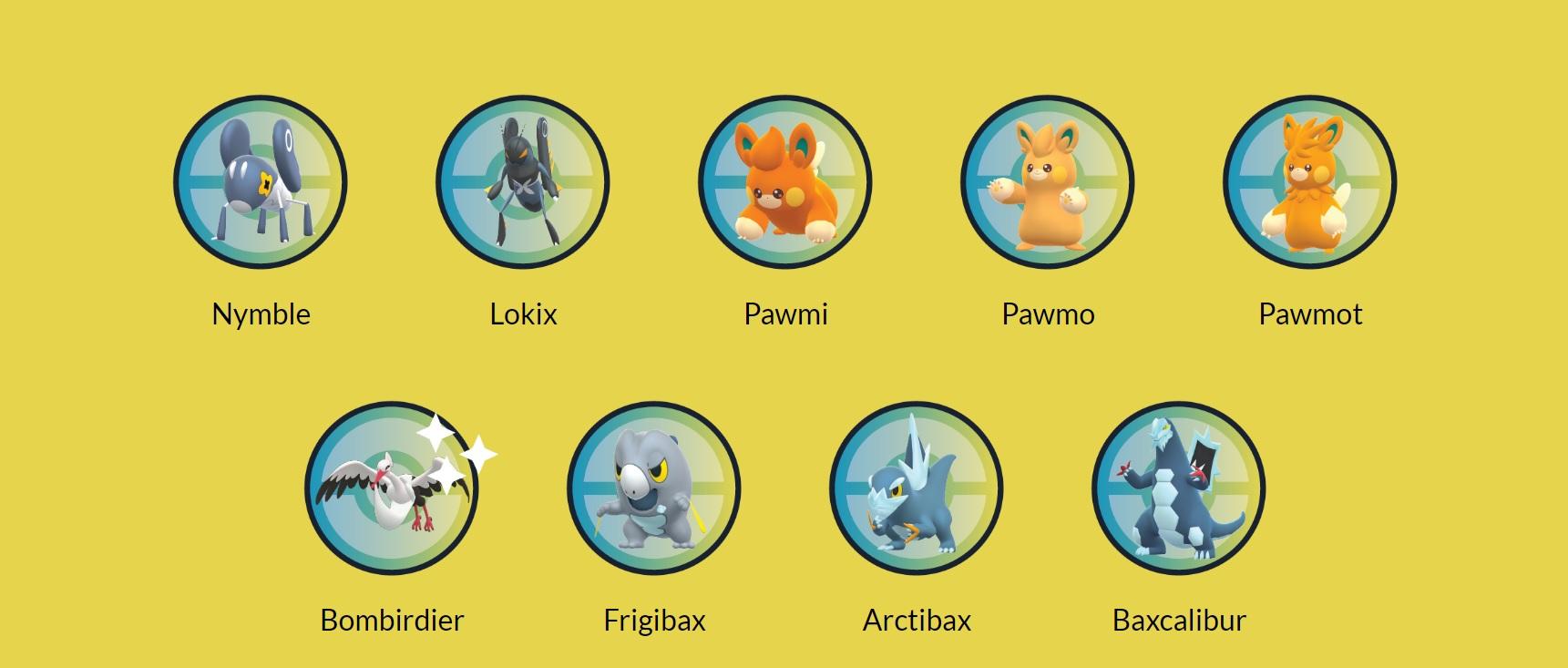 Une liste des Pokémon Gen. IX disponibles dans Pokémon GO, notamment Pawmi, Pawmo et Pawmot.