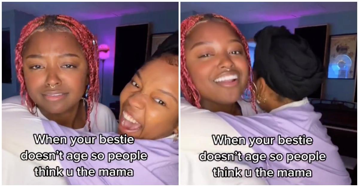Flyana Bosss-Rapper Folayan Kunerde hält Bobbi Lanea wie ein Baby in einem Instagram-Reel, auf dem es heißt: "Wenn deine beste Freundin nicht altert, halten die Leute dich für die Mama."