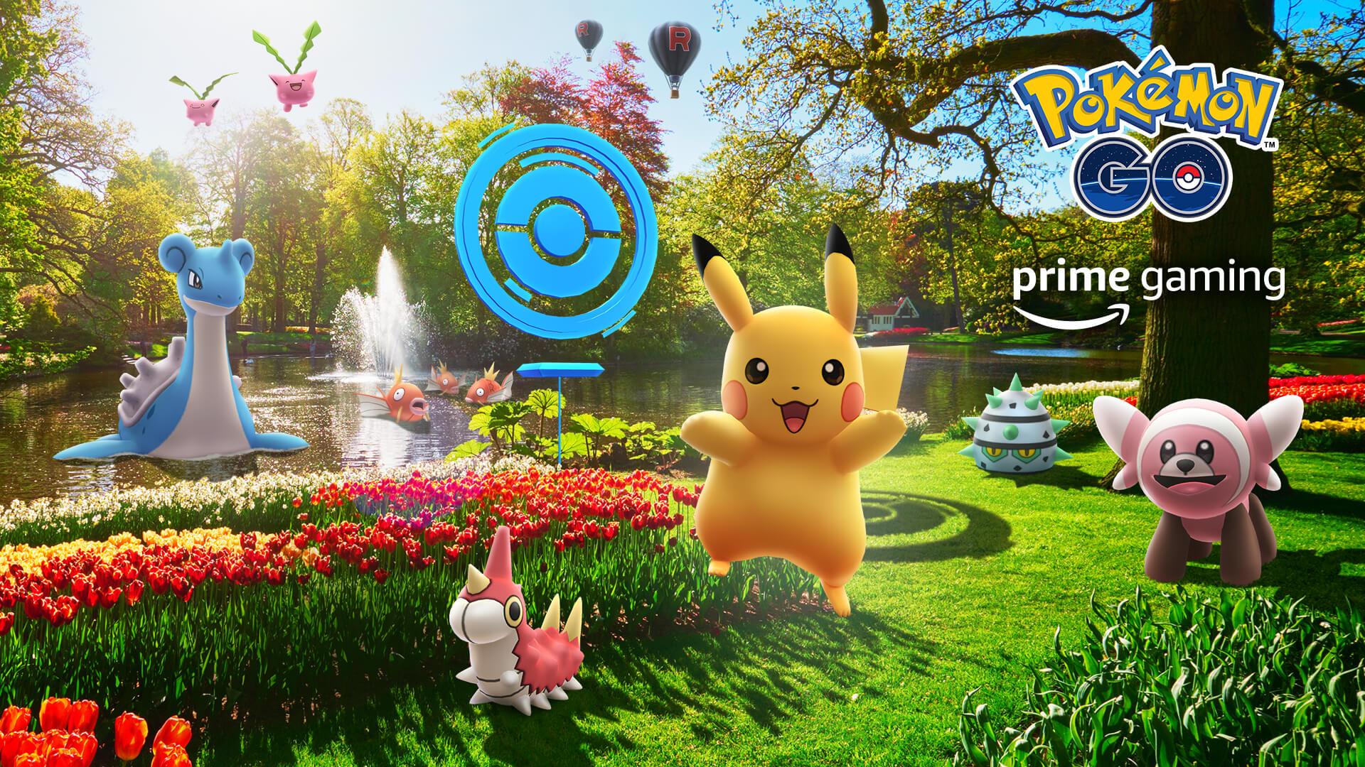 „Pokémon GO“ Nahaufnahme eines Pikachu und anderer Kreaturen in einem Garten.