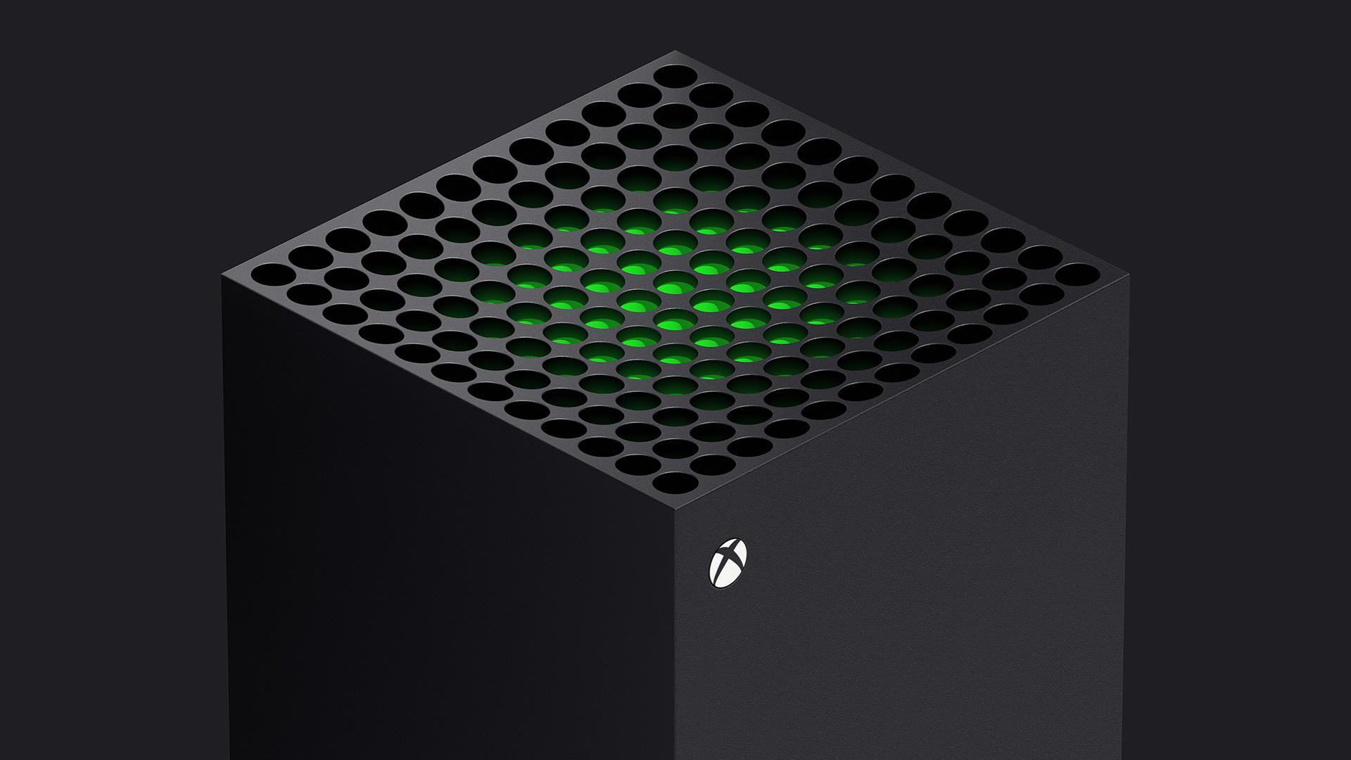 Foto af toppen af ​​en Xbox Series X-konsol.