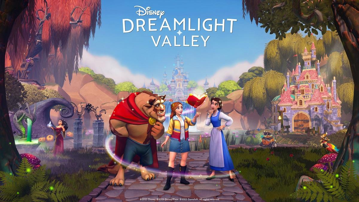Arte promocional de 'Disney Dreamlight Valley' de Fera e Bela ao lado de um jogador.
