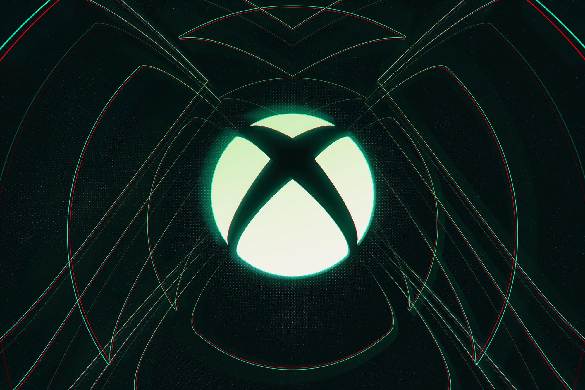 黒の背景に緑の線が入った Xbox ロゴの拡大図。