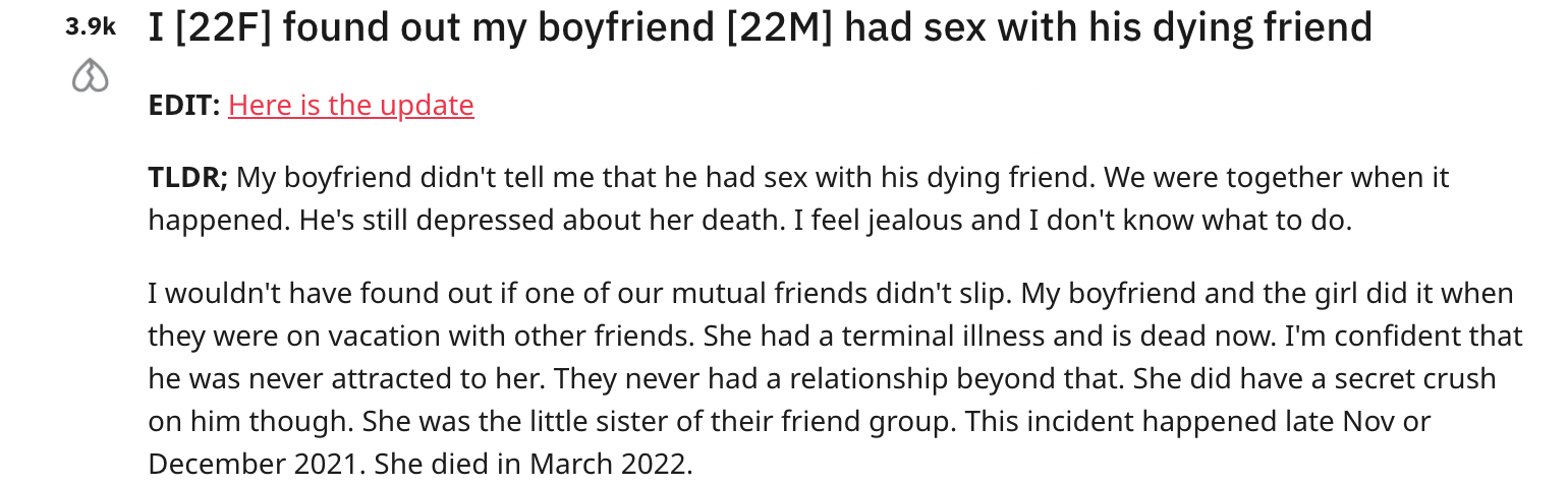 一位 Reddit 用户发布的关于男友与身患绝症的朋友出轨的帖子