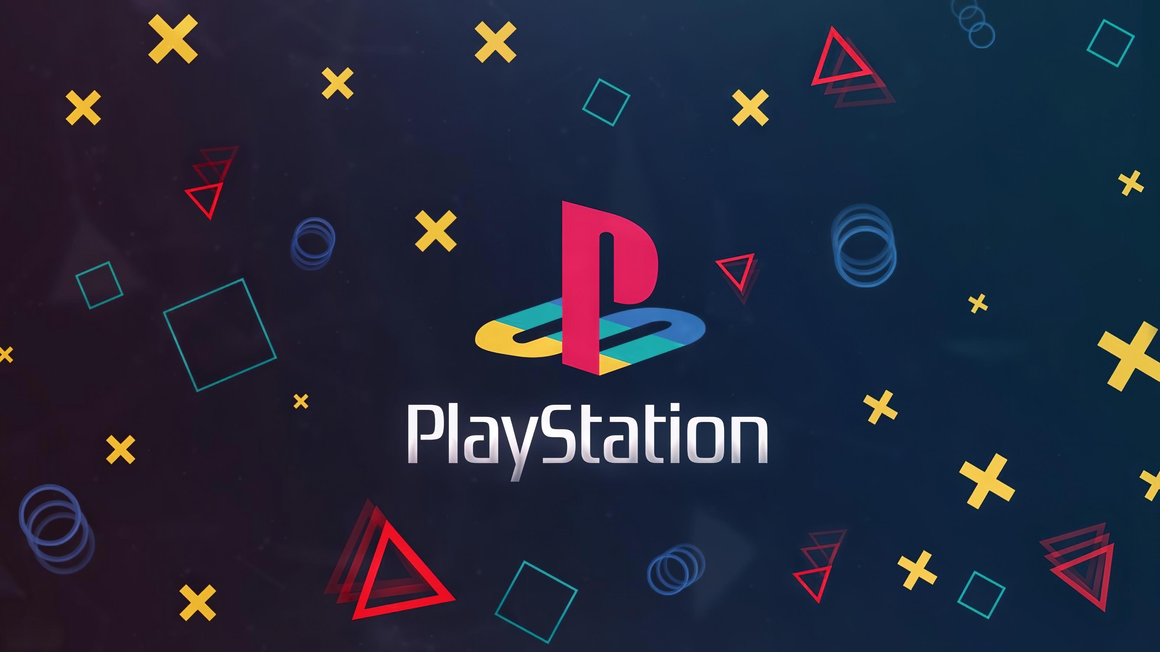PlayStation-logo på mørk baggrund med forskellige controller-knapper.