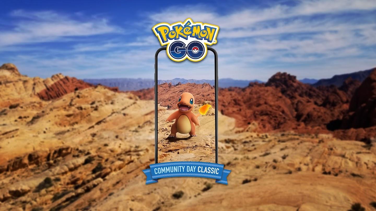 《Pokémon GO》宣传画中小火龙站在岩石沙漠中。