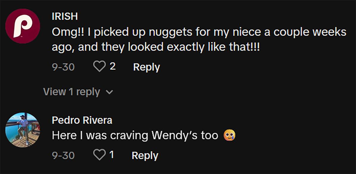 Commenti su tiktok sul tortino di pollo agrifoglio di Wendy