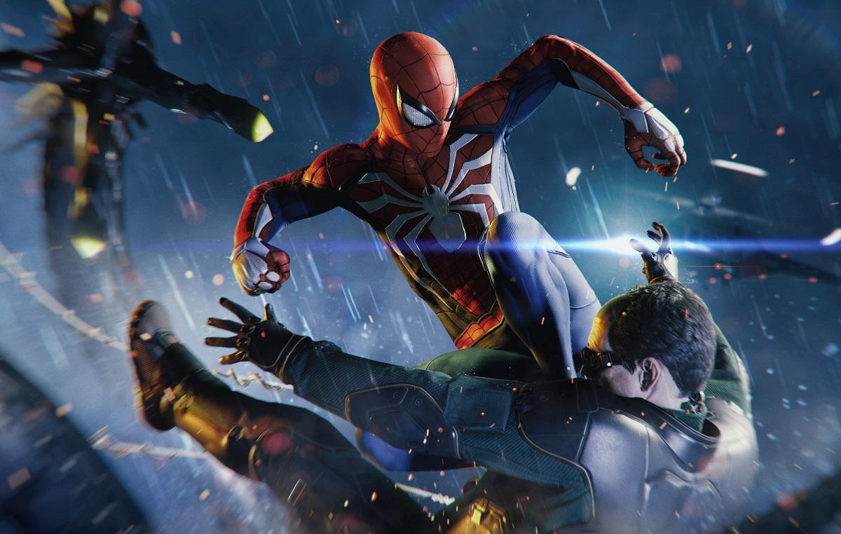 《漫威蜘蛛侠 2》中的彼得在下雨天与坏人战斗。
