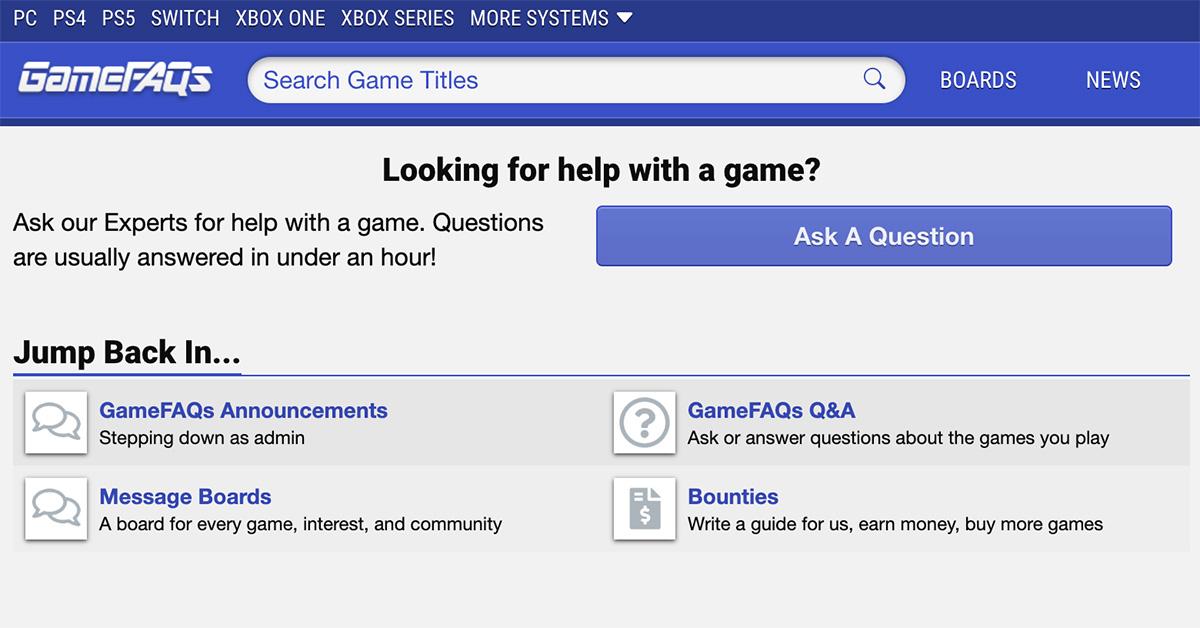 Toppen af ​​hjemmesiden på GameFAQs. 