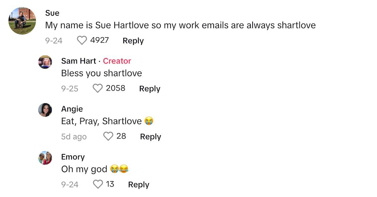 Eine Kommentatorin sagt, dass ihre geschäftliche E-Mail-Adresse „shartlove“ lautet.