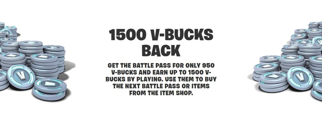 Une bannière du site Web Fortnite montrant que vous pouvez obtenir 1 500 V-Bucks avec le Battle Pass premium.