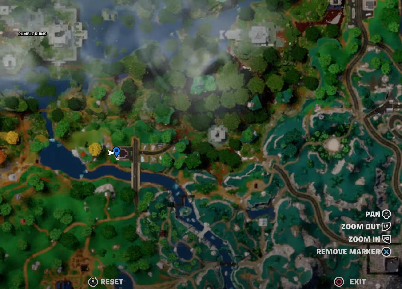 一张《堡垒之夜》地图，突出显示了更冲洗的位置。