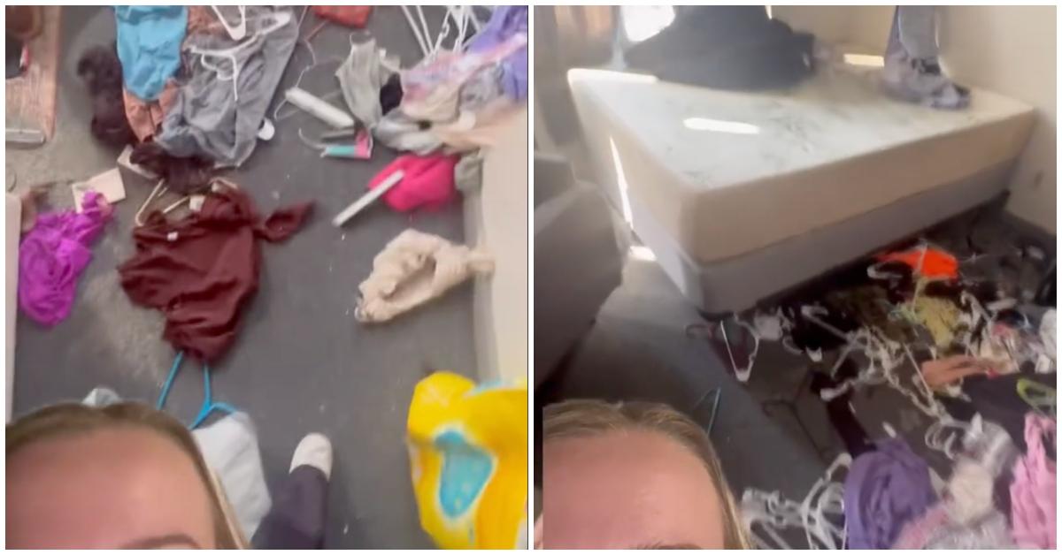 Una donna mostra le conseguenze della distruzione del suo appartamento da parte del suo ex fidanzato
