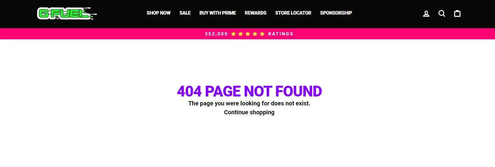 En fejlmeddelelse på G-Fuel-webstedet lyder "404 PAGE NOT FOUND Den side, du ledte efter, eksisterer ikke."
