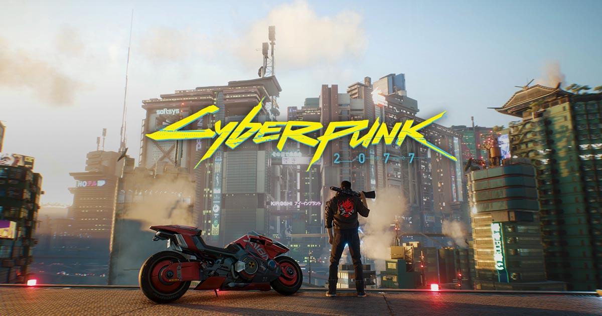 'Cyberpunk 2077' V debout près d'une moto surplombant une ville futuriste.