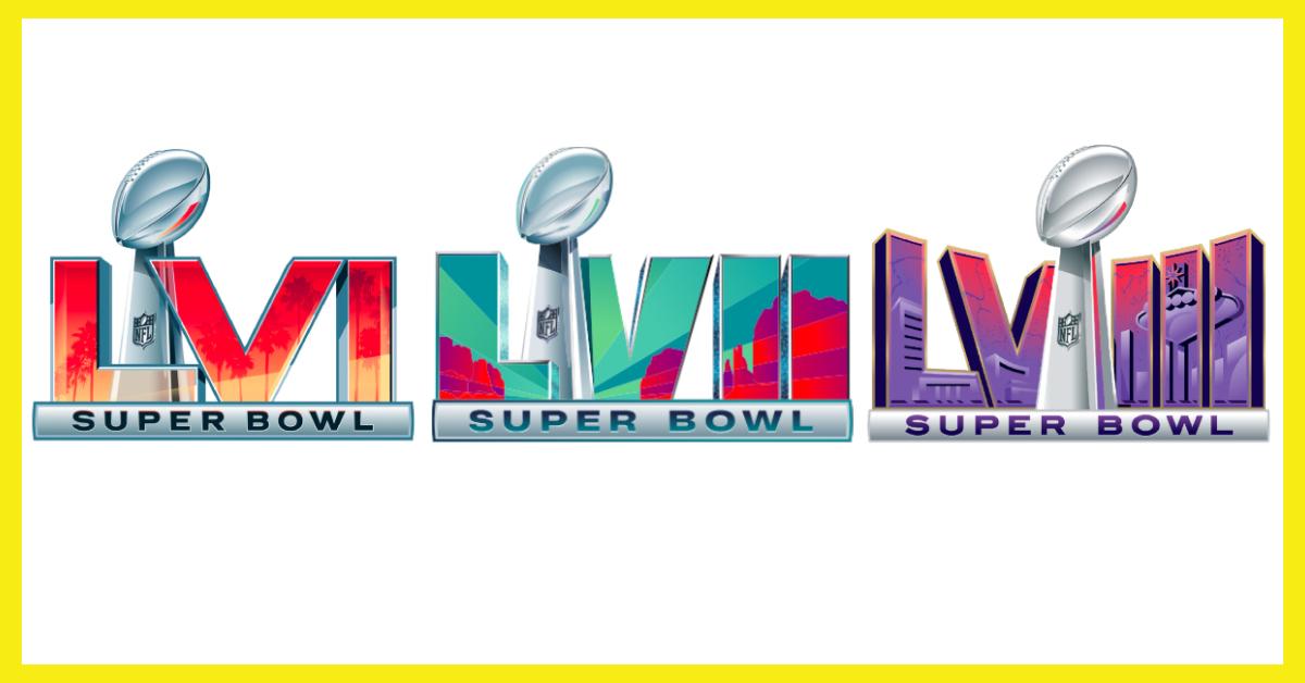 Offizielle Logos von Super Bowl 56, Super Bowl 57 und Super Bowl 58.