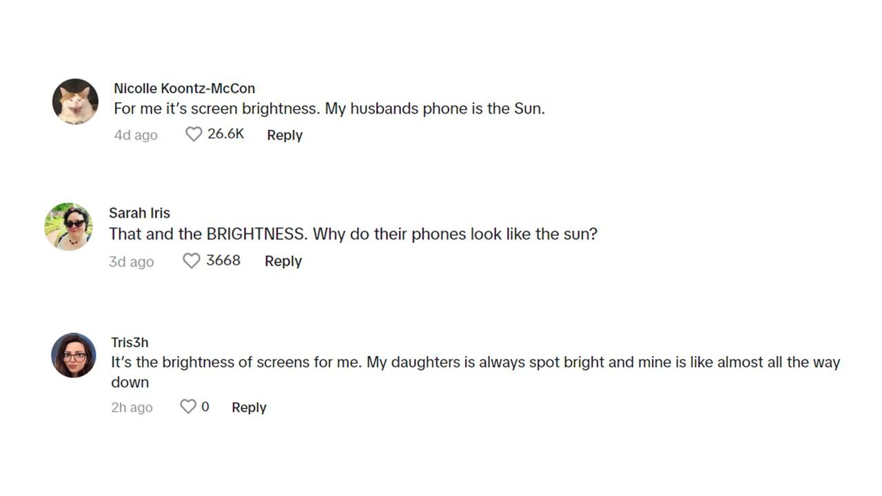 コメント投稿者は、夫や子供たちの携帯電話の画面も非常に明るいと述べています。