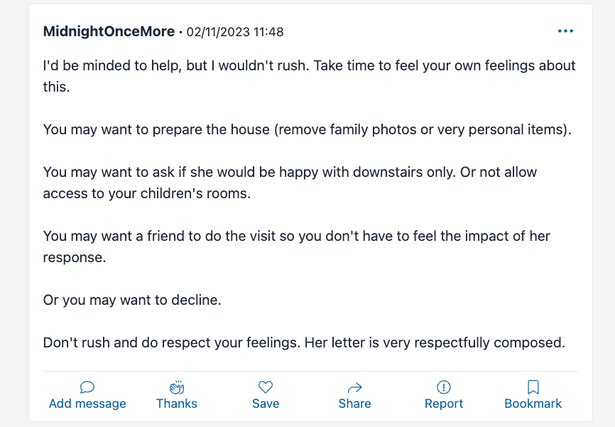 mumsnet“我是不是很无理取闹”的帖子，内容是收到一封来自前房主想要拜访的信