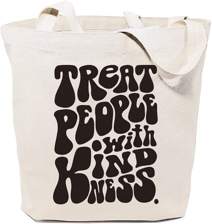 En väska där det står "behandla människor med vänlighet"