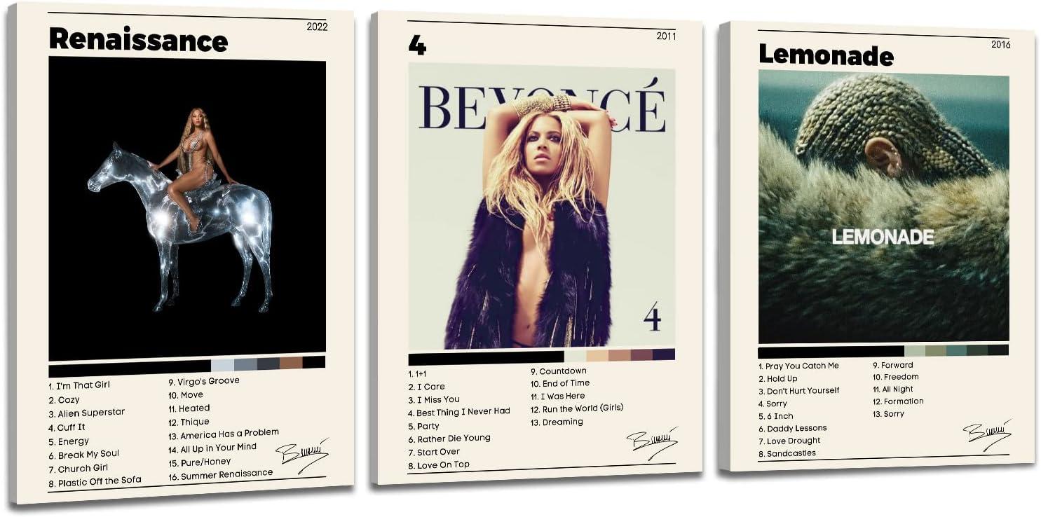 Cartazes das capas dos álbuns de "Renaissance", "4" e "Lemonade"