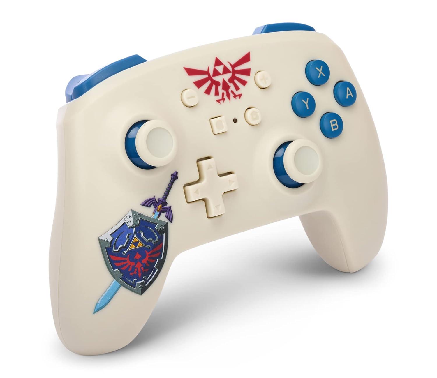 Ein weißer Controller für den Switch mit Zelda-Symbolen